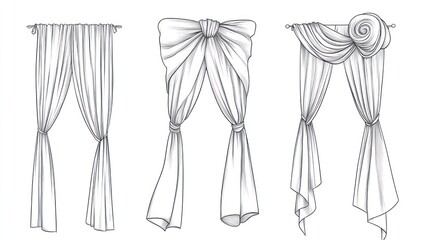 Three window curtain designs; simple, bow, and swirled; interior design ideas