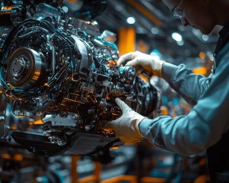 A male technician in gloves meticulously assembling a car engine in a modern factory setting.