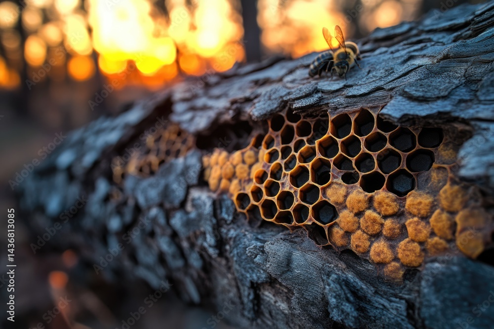 Poster a bee near honeycomb embedded in a weathered tree trunk at sunset.