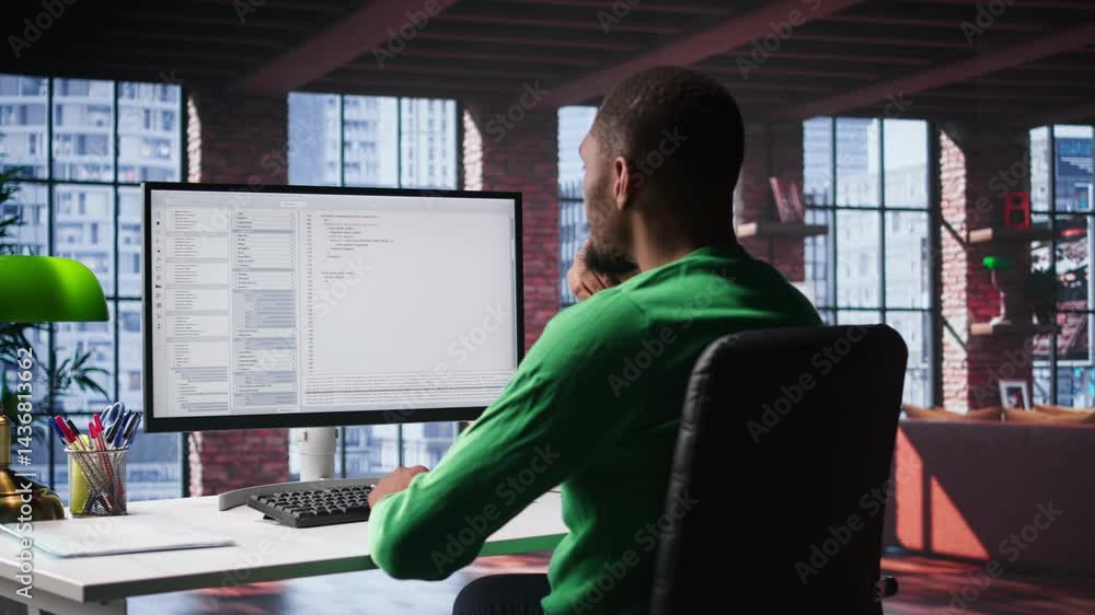 Fototapete Black IT expert looking at user interface on computer at home office, typing and programming code on terminal window. Coding application used by technician writing script in loft. Camera B.