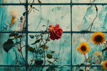 A red rose and sunflowers bloom behind a weathered, teal-framed window pane.