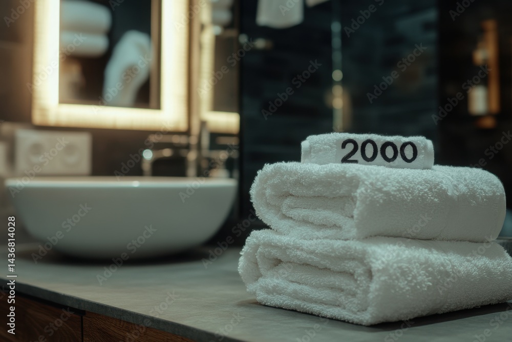 Poster neatly stacked white towels in a modern bathroom, creating a clean and inviting atmosphere.