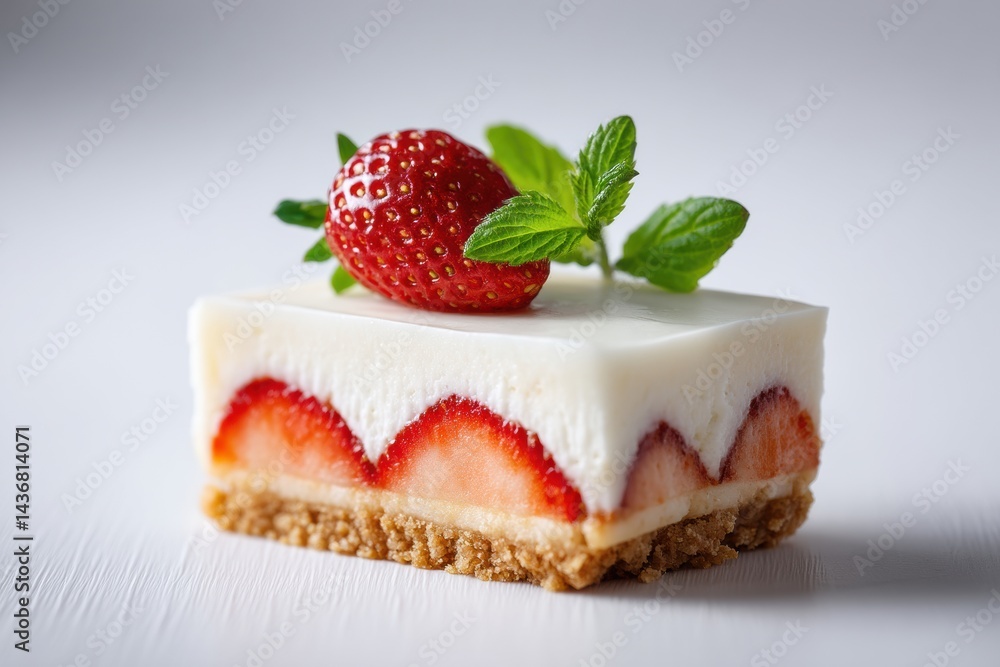 Poster delicate cheesecake slice topped with fresh strawberry resting on a white surface with soft shadows