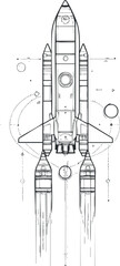 Technical black and white blueprint illustration of a space shuttle rocket viewed from above with detailed design and engine exhaust trails