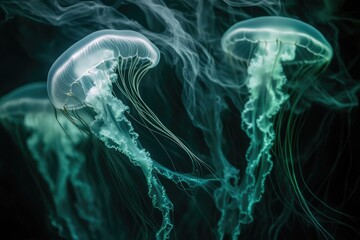 Obraz premium Three ethereal jellyfish gracefully drift in a dark, teal ocean, their tentacles trailing elegantly.