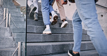 Feet, students and walking on stairs at school for education, learning break and studying of classroom lesson. People, legs and steps for knowledge, university and travel for morning path outdoor