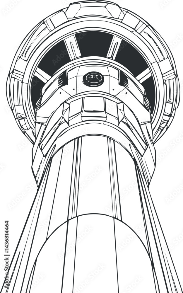 Aufkleber black and white line drawing of a tall observation tower viewed from below showing architectural det