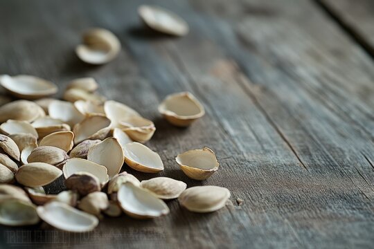 Empty pistachio shells scattered on a rustic wooden surface.