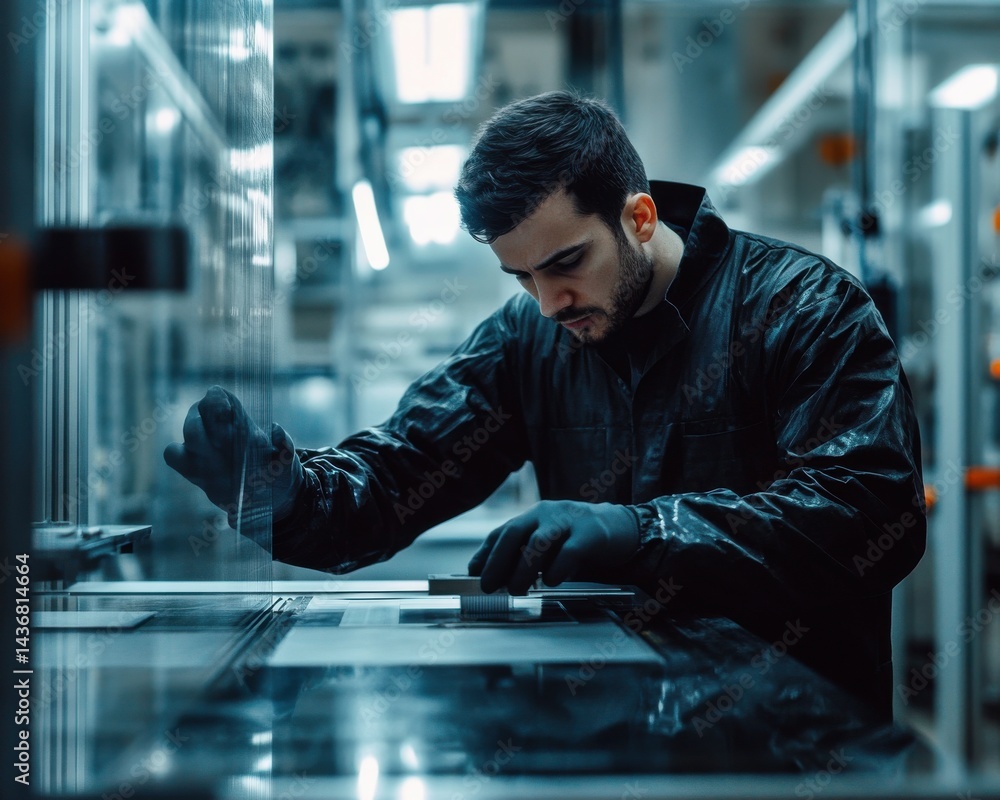 Poster focused male technician in a lab coat working diligently with precision instruments in a modern labo