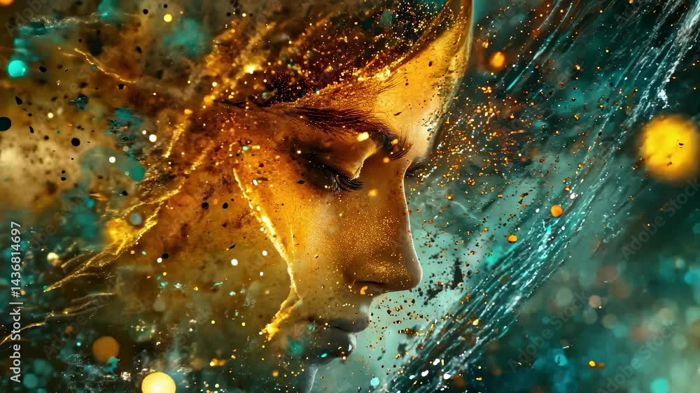 Poster face gradually dissolving into particles of light