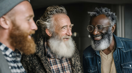 Joyful Multiethnic Friendship and Support: Portrait of Smiling Senior Men with Beards Sharing Happy Moments Indoors