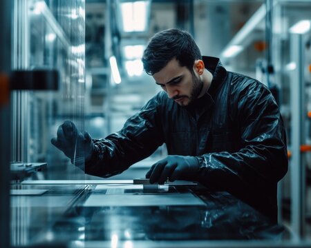 Focused male technician in a lab coat working diligently with precision instruments in a modern laboratory.