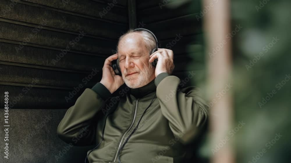 Poster an elderly man immersed in meditation using noisecanceling headphones connected to a virtual assista