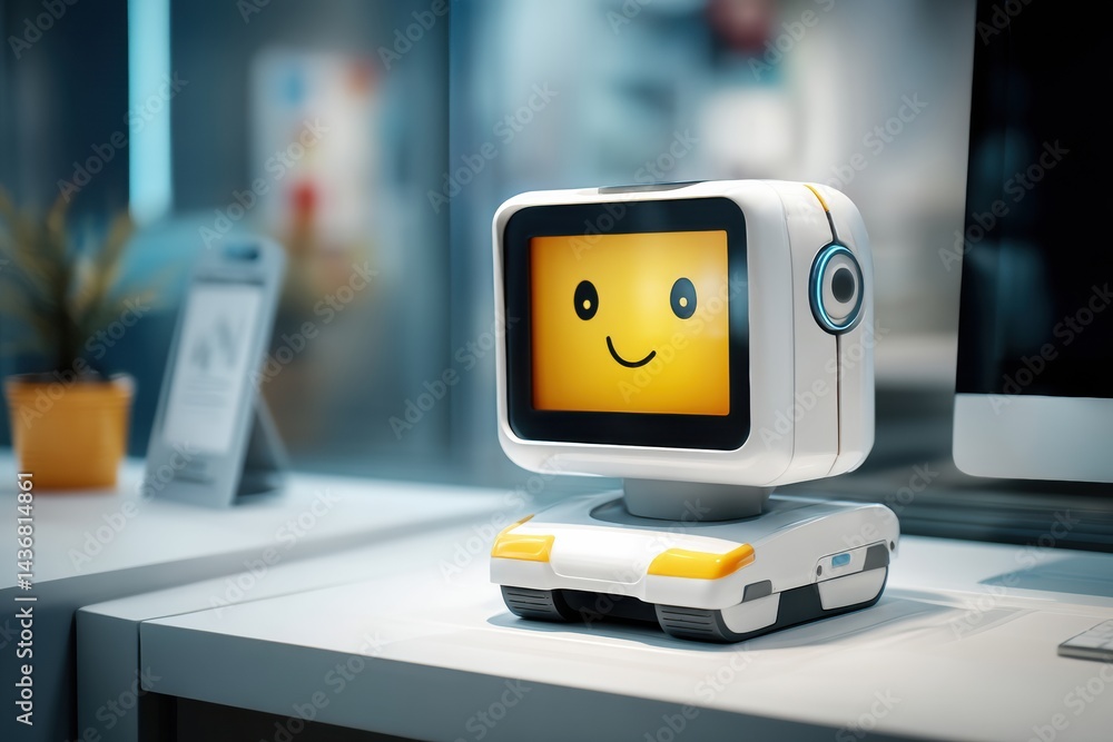 Poster floating robotic assistant with a smiling face providing help in a modern workspace