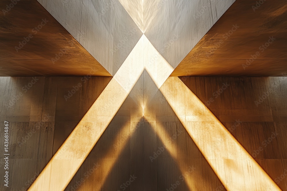 Poster geometric concrete architecture bathed in sunlight, creating striking shadows and a sense of depth.