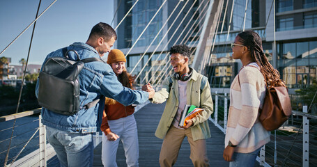 Students, excited and handshake at university for social, bonding and freedom in morning. People, happy and diversity on campus with dance, music and friendship at academy with support for future