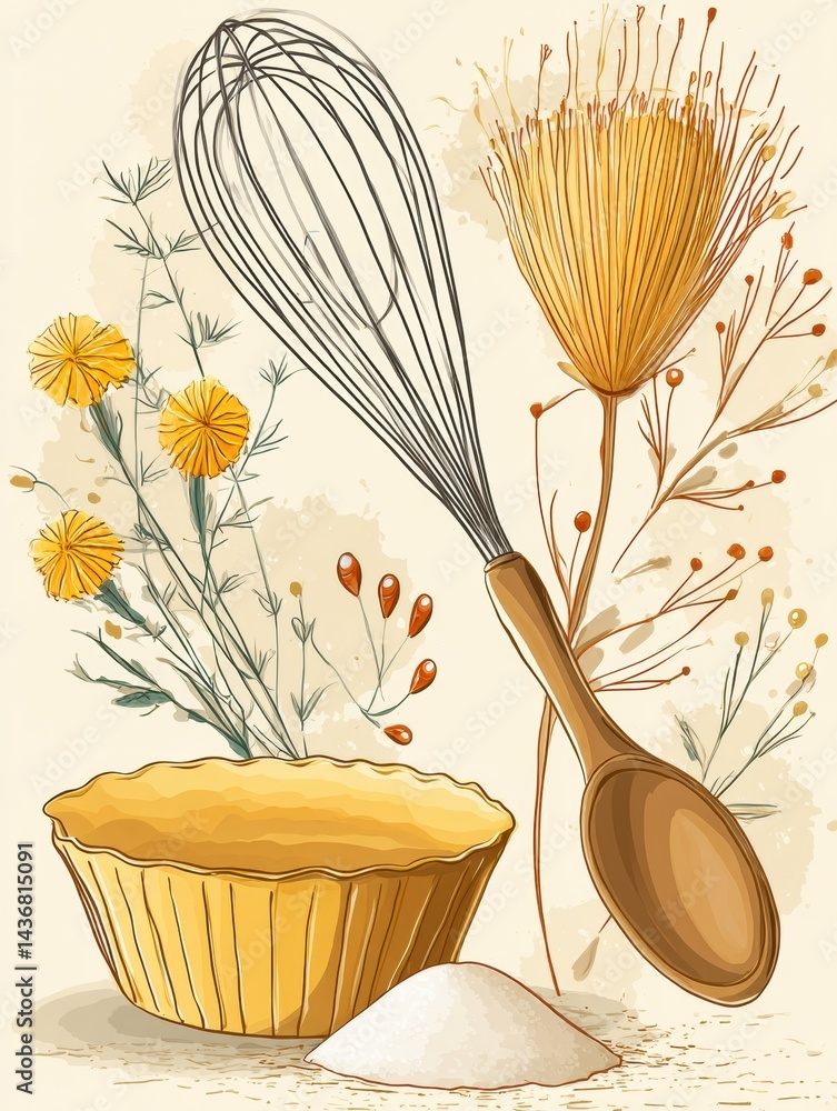 Poster whisk and tart shell surrounded by flour and sugar in a stylish bakery setup with floral accents