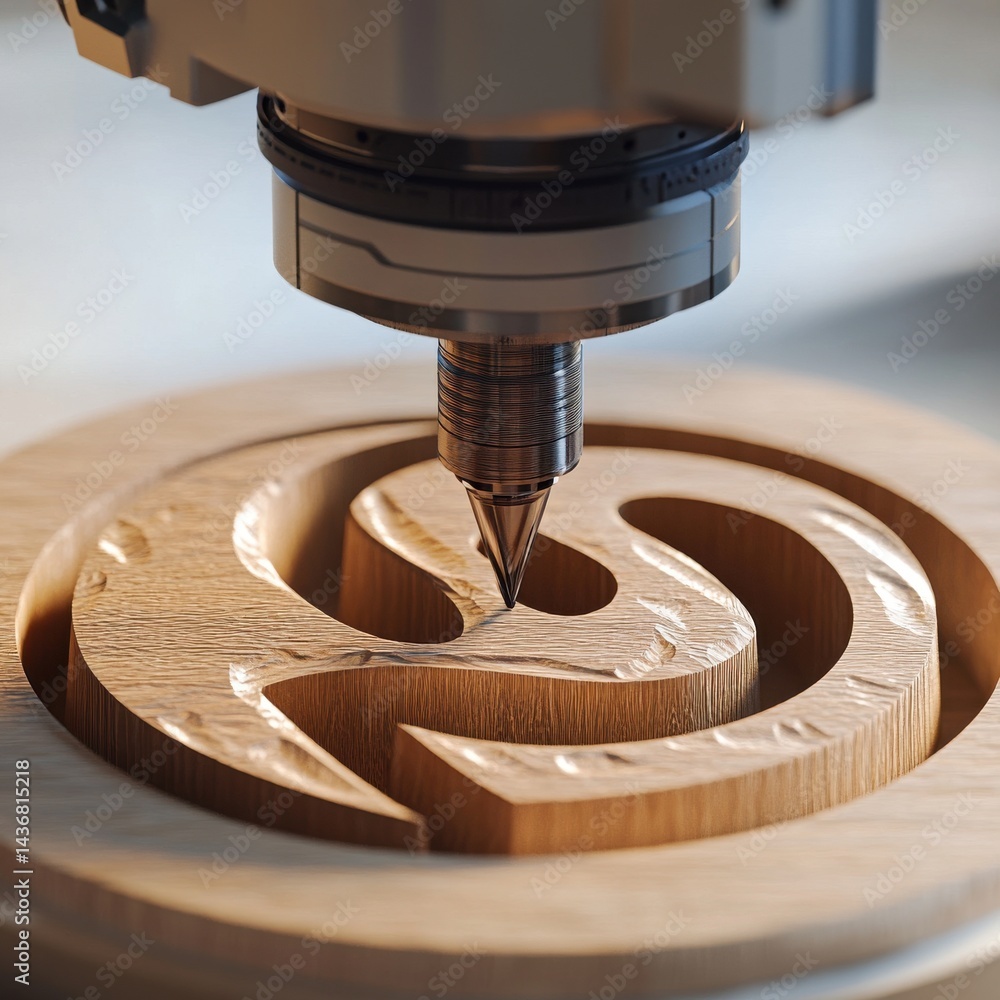 Poster close-up of a cnc machine carving intricate design into a wood surface.
