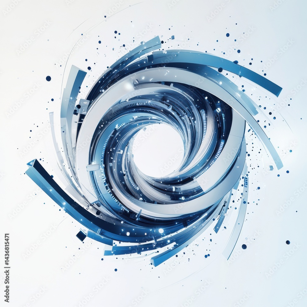 Poster a dynamic blue spiral composed of metallic and digital elements, creating a sense of movement and de