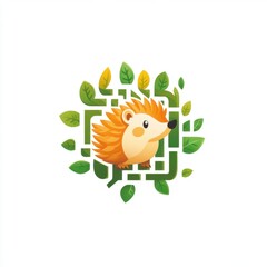 Cute cartoon hedgehog surrounded by vibrant green leaves in a playful design.