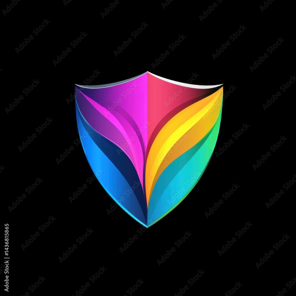 Poster colorful abstract shield design with vibrant gradients and smooth curves on a black background.