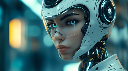 A futuristic female android with a sleek white helmet and intricate circuitry, set against a soft blue background.