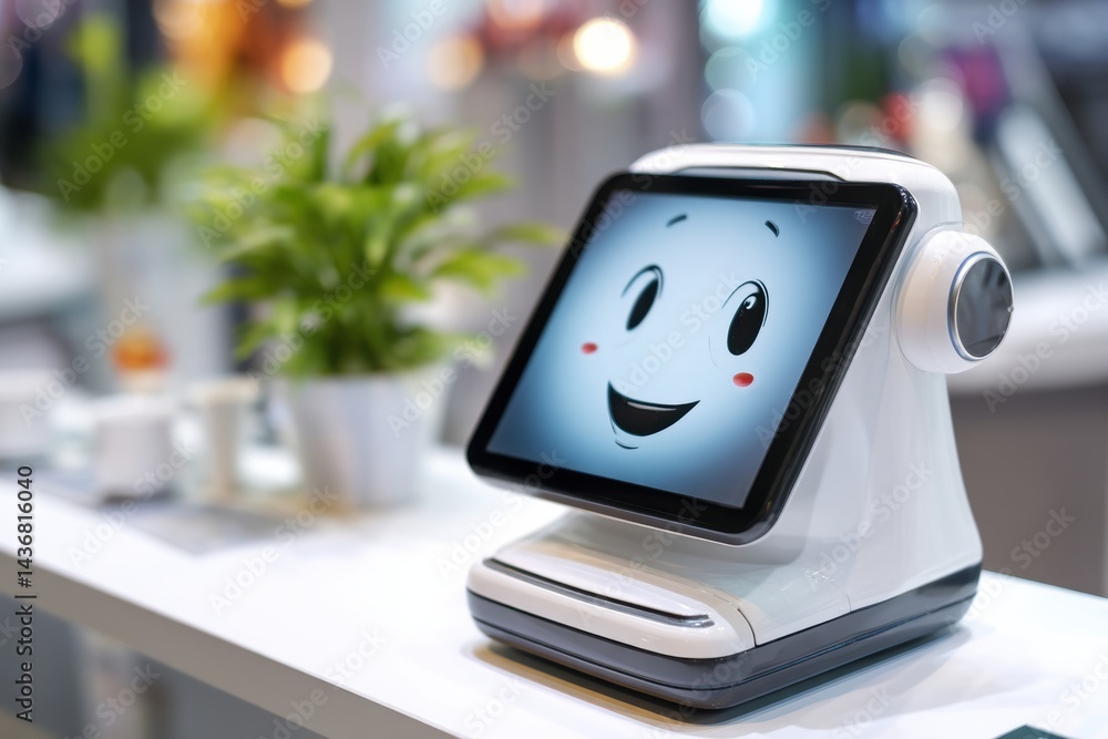 Fototapete Floating Robotic Assistant With a Friendly Face and Digital Display, Showcasing Innovative Technology in a Modern Indoor Setting
