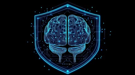 Futuristic digital representation of a brain inside a shield, symbolizing cybersecurity and AI technology.