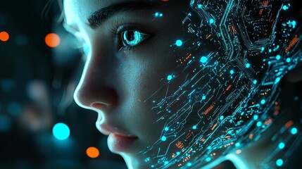 Close-up of a futuristic female face with digital circuitry and glowing elements, reflecting technology and innovation.