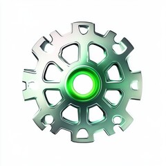 Stylized metallic gear with a green center, symbolizing innovation and technology.