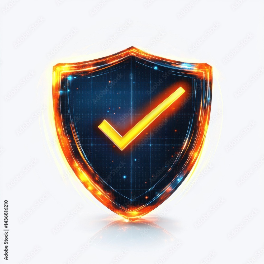 Poster a glowing digital shield icon with a checkmark, symbolizing security and trust in technology.