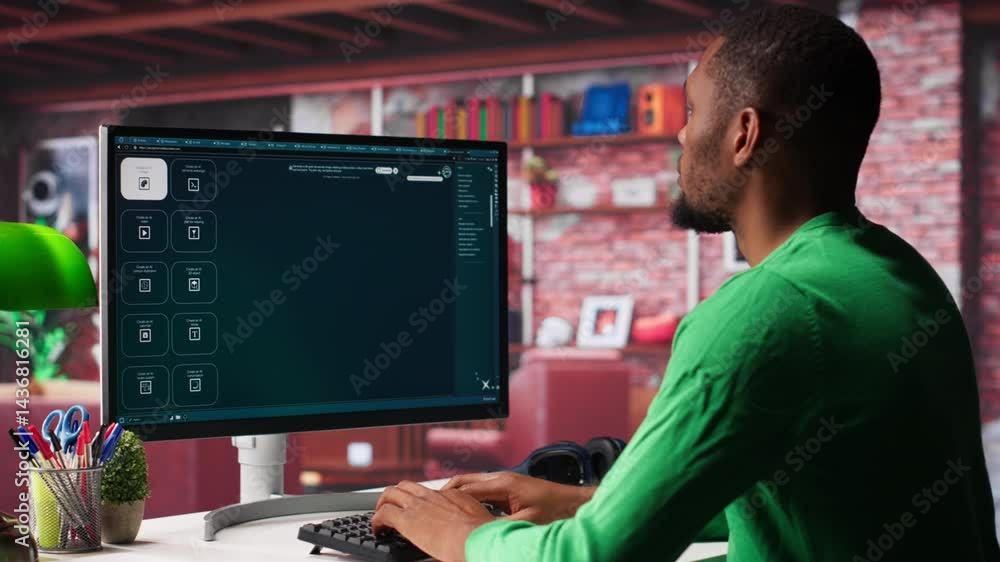 Fototapete Black graphic designer working in loft with AI image generator software. Digital screen displaying visuals created through machine learning and cloud computing, generative AI. Camera A.