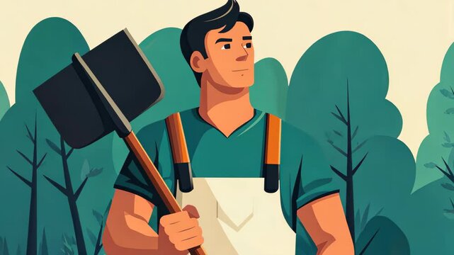 A vintage vector art portrait featuring a man with a shovel, set against a textured tree silhouette background.