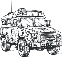 Hand drawn sketch of a military armored vehicle used for defense and tactical transport purposes © vadymstock