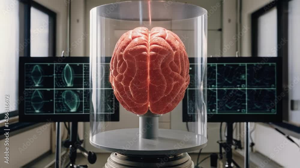 Poster a conceptual image of a brain in a laboratory setting with holographic displays tracking the effects