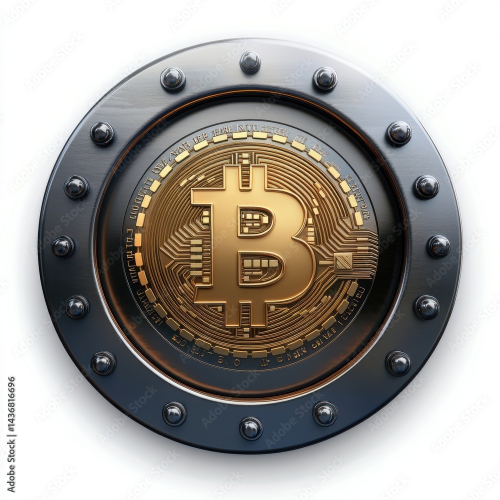 Poster a detailed close-up of a bitcoin emblem set within a metallic shield, symbolizing security and crypt