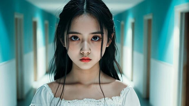 A young woman in a white dress stands expressionless in front of a luxury villa, evoking a chilling, mysterious vibe.
