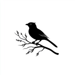 Stylized black silhouette of a bird perched on a branch against a clean white background.
