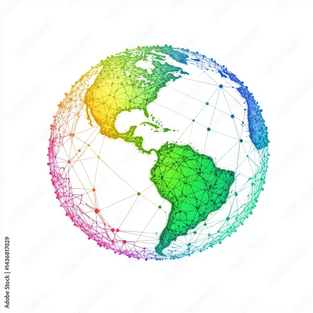Poster dynamic globe illustration showcasing interconnected network design in vibrant gradient colors.