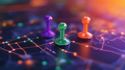 Game pins on map. Strategic planning, navigation, and business solutions concept