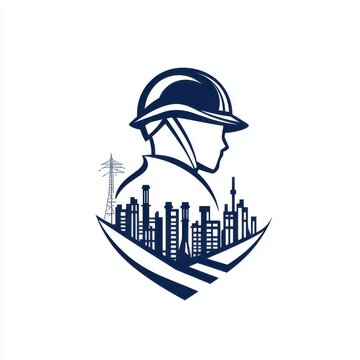 Silhouette of a male engineer in a hard hat, overlooking a cityscape with industrial structures.