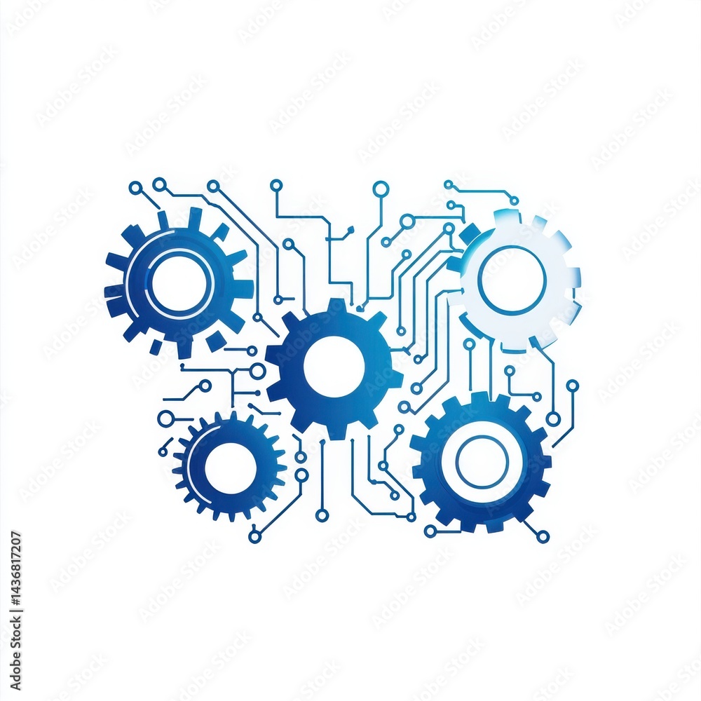 Poster abstract illustration of interconnected gears and circuitry representing technology and innovation.