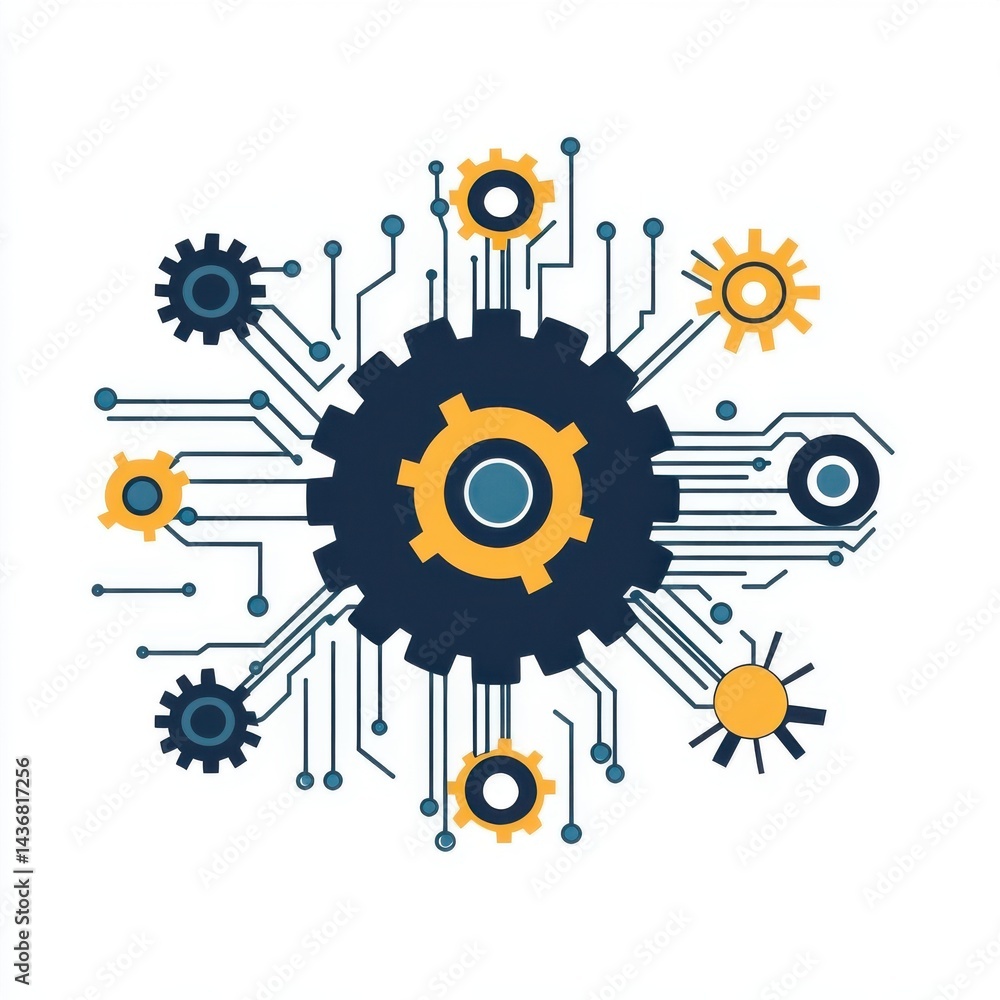 Poster abstract illustration of interconnected gears and circuits symbolizing technology and innovation.