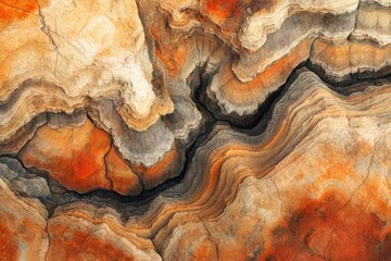 Obraz premium Abstract rock formation with layered, wavy patterns in shades of orange, brown, and gray.
