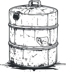 Hand-drawn vintage metal barrel container with lid and handle, isolated on white background