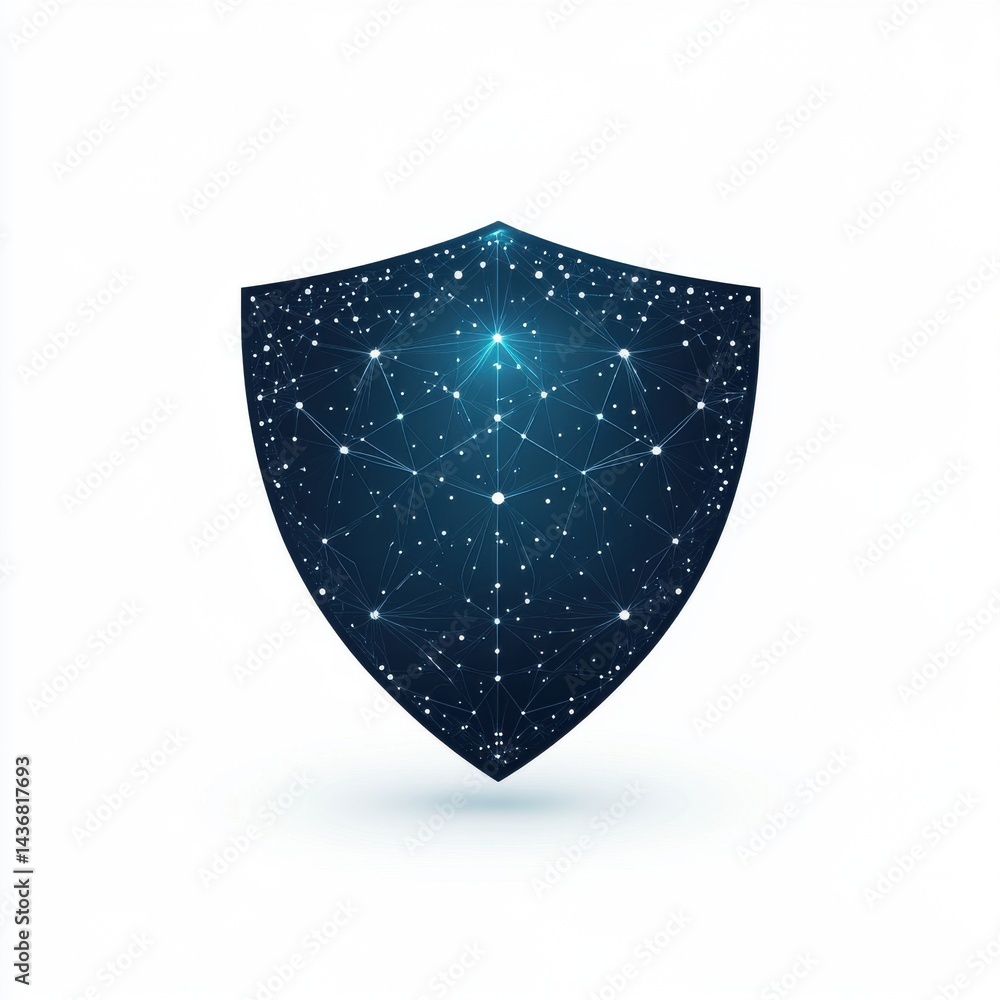 Poster digital shield symbolizing cybersecurity and data protection with a starry network design.