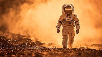 An astronaut in a space suit walks confidently through an otherworldly landscape, surrounded by swirling orange dust.