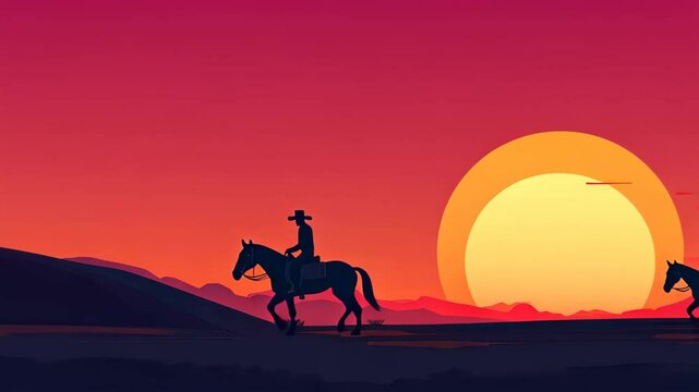 A striking silhouette of a cowboy on horseback under a vivid red sunset, embodying the Wild Wests spirit in style.