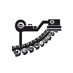 Abstract black and white illustration of a stylized machine with various digital icons on a curved track.