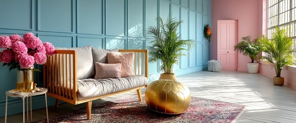 Light-filled room with pastel walls and cozy furniture